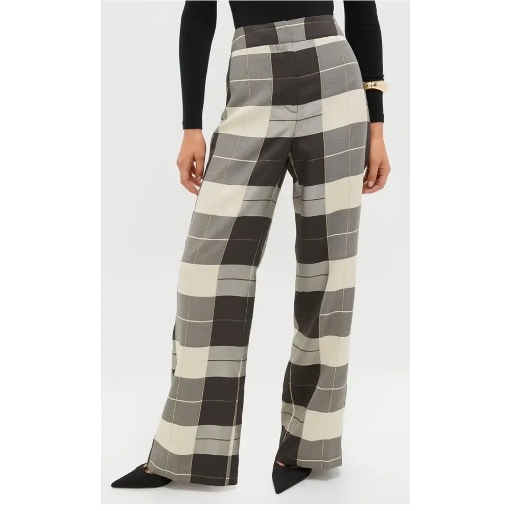 Tuckernuck Metallic Plaid Erin Wide Leg Pants High Rise Brown Cream Gold 2 NWT